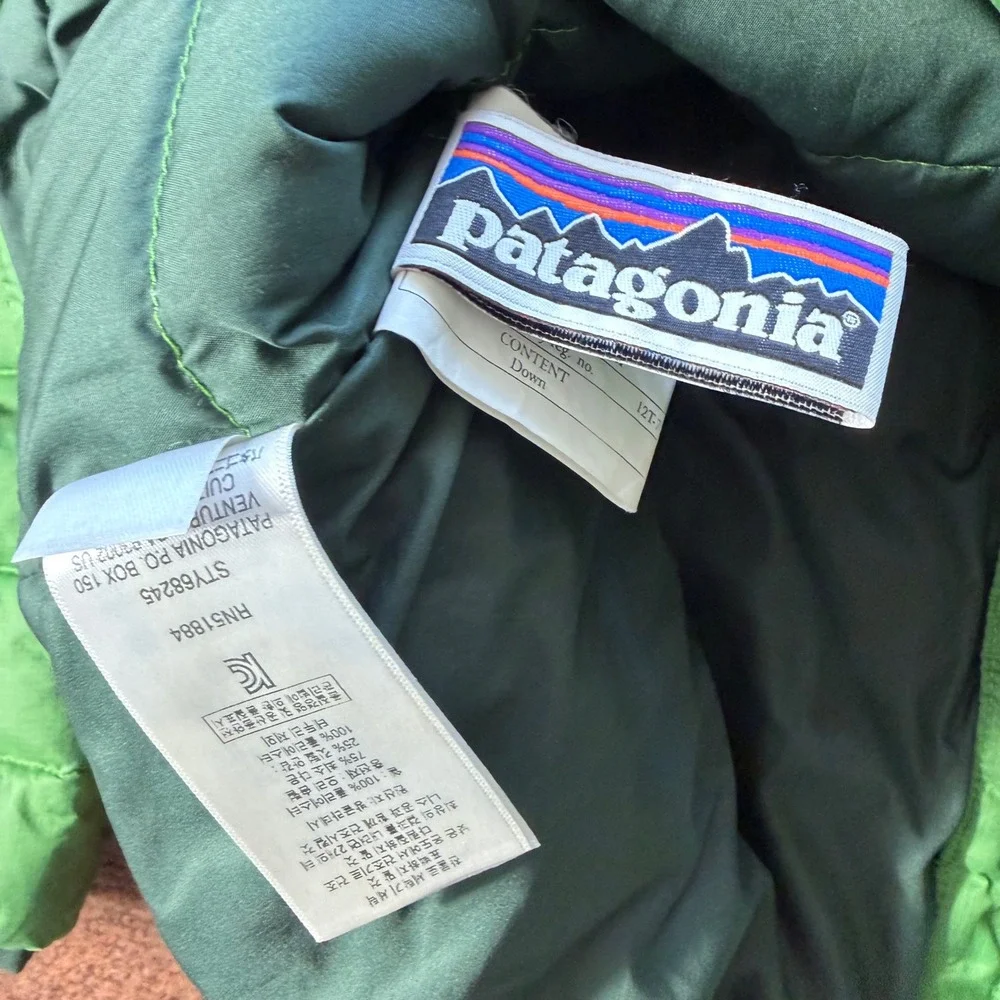 Patagonia Kids XL 14 Down Sweater Jacket Green Puffer American Flag Patch‎
